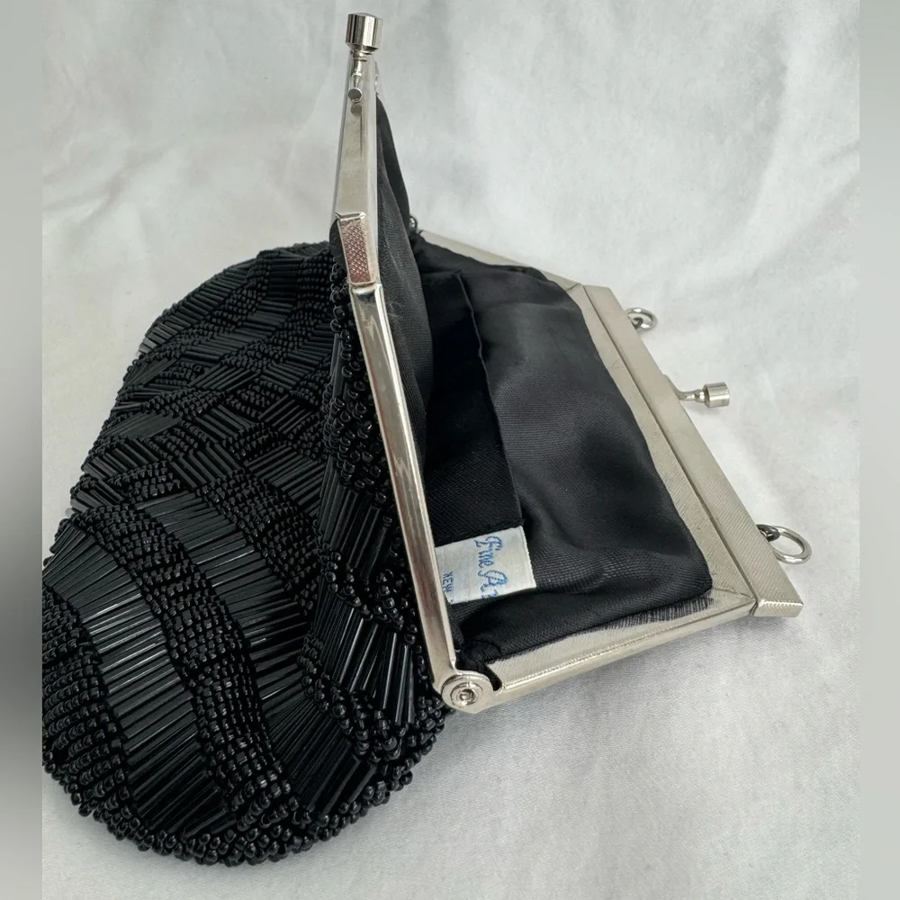 Vintage Fancy Mini Purse Beaded Clutch Black Silver 60's 70's